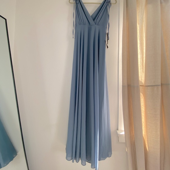 lulus slate blue bridesmaid dress Lulus Satin Maxi Dress XL slate Blue Strapless Tiered Event Party